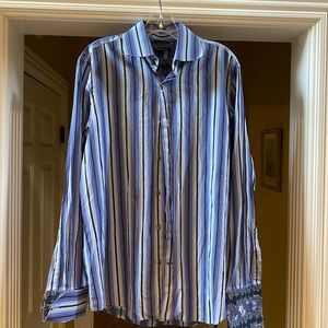 Men’s striped Banana Republuc dress shirt in hues of blue.  Size M